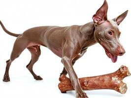 Weimaraner is captured from side happily chewing on bone. dog has sleek muscular build and shiny coat set against clean white background photo