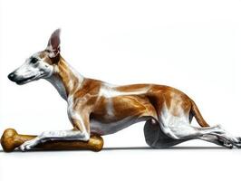 Whippet is captured in side view while happily chewing on bone. setting features pristine white background emphasizing dog's sleek form and playful demeanor photo