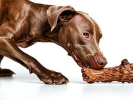 Weimaraner is seen in side view actively chewing on bone. setting features pristine white background highlighting dog's sleek coat and focused demeanor photo