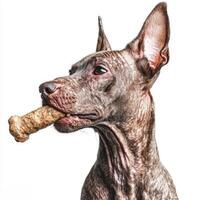 Capturing side view of Xoloitzcuintli happily chewing on bone. clean white background enhances dog's unique features and expression during joyful moment photo