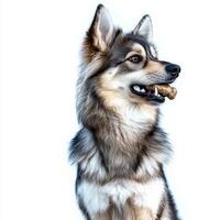 playful Alaskan Klee Kai enjoys chewing on bone showcasing its soft fur and alert expression in clean bright environment highlights its features photo
