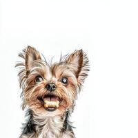 Yorkshire Terrier is cheerfully chewing on bone its mouth open displaying excitement and joy. clean white background enhances focus on playful dog photo