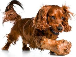 playful American Cocker Spaniel engages large bone showcasing its enthusiasm and fluffy coat in clean and bright setting photo
