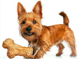 side view of Australian Terrier happily chewing on bone energetic expression. clean white background enhances dog's vibrant fur and playful demeanor photo