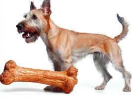 Irish Wolfhound can be seen from side happily chewing on large bone. clean white background enhances dog's vibrant fur and playful expression creating captivating moment photo