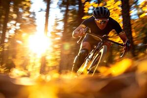 skilled cyclist pushes forward on forest trail surrounded vibrant fall foliage. athlete uses sleek leg prosthetic and exhibits remarkable speed captured in stunning detail photo