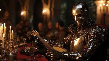 robot elegantly dressed in white tuxedo performs music on golden lute for medieval nobles gathered lavish banquet. Candles and silver goblets enhance ambiance of grand hall photo