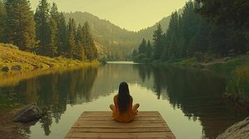 Native American child sits on wooden dock serene lake dipping their feet in calm water while being embraced warm golden hour light and towering pine trees photo