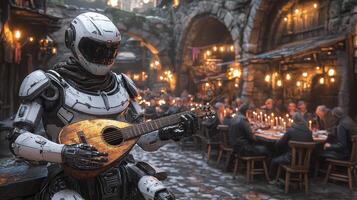 robot in sleek white tuxedo captivates gathering of medieval nobles playing golden lute photo