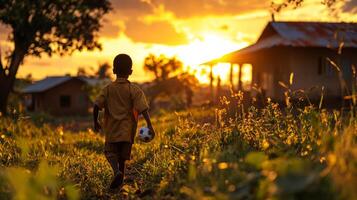 child strides energetically through lush grassy field clutching homemade soccer ball while sun sets creating stunning silhouettes and warm golden light photo