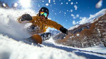 Asian snowboarder carves through fresh powder against bright blue sky showcasing skill and determination titanium leg prosthetic on sunny mountain slope photo