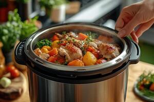 Chef opening multicooker with steaming chicken and vegetables photo
