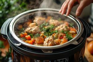 Chef opening modern multi cooker with steaming chicken and vegetables photo