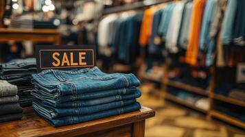 Stack of blue jeans with sale sign displaying on wooden table in clothing store photo