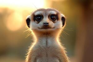 Curious meerkat smiling and observing surroundings in nature reserve photo