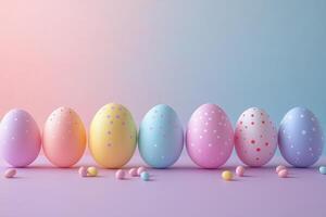 Row of pastel colored easter eggs with polka dots on gradient background photo