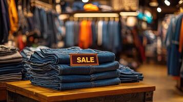 Stack of blue jeans with sale sign displaying on wooden table in clothing store. photo