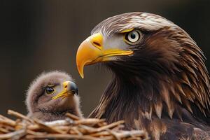 Bald eagle and chick sharing a tender moment in nest. photo