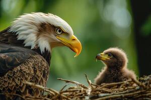 Bald eagle and chick sharing a tender moment in nest.. photo