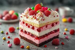 Delicious raspberry cake showing whipped cream and chocolate layers photo
