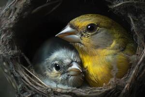 Close-up of vireo feeding its two chicks in their nest. photo