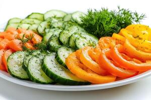 Sliced vegetables with dill arranged on white plate carrots, cucumbers, tomatoes, and peppers creating colorful and healthy meal photo