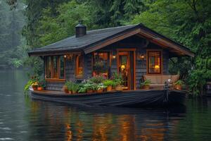 Cozy floating house reflecting on calm lake at sunset photo