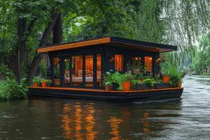 Cozy floating house reflecting on calm lake photo