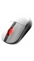 Modern wireless mouse with red scroll wheel lighting on white background photo