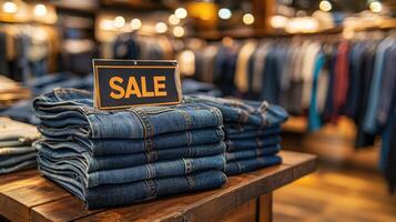 Stack of blue jeans with sale sign displaying on wooden table photo