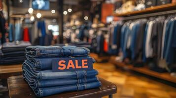 Stack of blue jeans with sale sign displaying on wooden table in clothing store.. photo