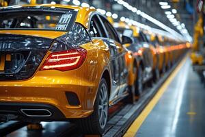 Assembly line of modern orange cars in factory photo