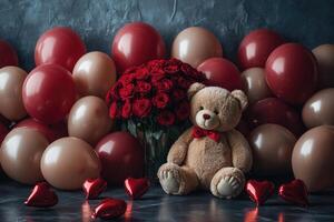 Bouquet of red roses with teddy bear and heart shaped balloon photo