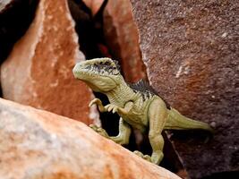 A toy dinosaur is standing on a rock photo