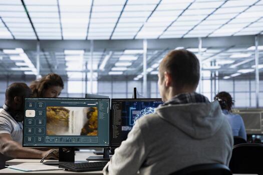 Engineer in server hub workspace making AI software turning text prompt into photos. System administrator in data center building text to image artificial intelligence generator photo
