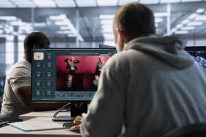 Technician in server hub making generative artificial intelligence website generating videos using diffusion model algorithms. Employee coding AI virtual assistant producing clips photo