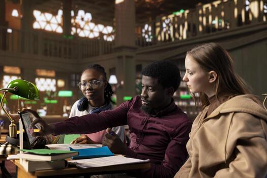 Multicultural students group discussing a financial project for a university course, using laptop and textbooks with class notes in the library. Work on entrepreneurship and management skills. photo