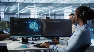 Woman leaving desk after finishing programming tasks in AI data center used for machine learning training. Engineer ending job shift after upgrading artificial intelligence tech, camera B close up photo