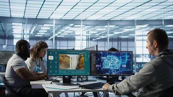 IT professional in office building AI diffusion model app turning text into clips. System administrator in server farm making software producing artificial intelligence generated videos, camera B photo