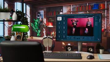 Generative artificial intelligence GPT on PC monitor with image understanding capabilities generating photos. AI virtual assistant on computer screen outputting high resolution lifelike visuals photo