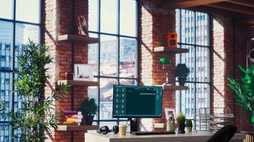 AI LLM chatbot answering user prompts using predictive technology in IT department home office. Computer setup in workspace building large language model program using artificial intelligence photo