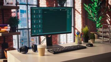 Computer setup in bright apartment showing large language model program. PC monitor in cozy home office with AI LLM chatbot answering user prompts using neural network tech photo