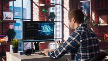 Teleworking programmer using computer for artificial intelligence computing through self learning algorithms. Remote worker working with AI deep neural networks on desktop PC, camera A photo