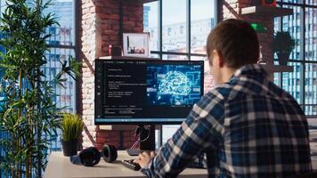 Developer writing code on computer and doing maintenance on artificial intelligence neural networks computerized model. Tech support expert typing on keyboard, doing checkup on AI systems, camera A photo