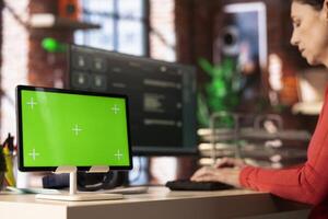 Female freelancer interacting with an AI chatbot next to isolated copy space, smart web software showcases cutting edge artificial intelligence for efficient real time solutions and problem solving. photo