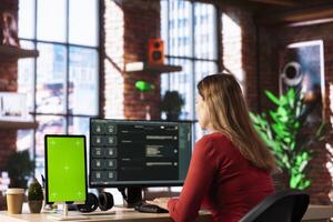 Mature person uses AI chatbot to generate responses for task completion next to mockup, working from home. Exemplifying smart automation and seamless connectivity for productivity online. photo