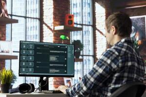 Man speaks with artificial intelligence GPT trained on vast amounts of textual data to understand and produce natural sounding human language. User talks with finetuned LLM powered chatbot photo