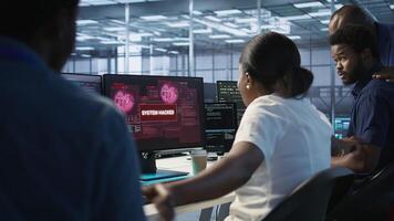 Woman requesting help from cybersecurity team after seeing security incidents affecting data center network system, protecting infrastructure from hacker attacks, camera A photo