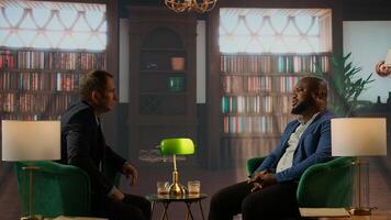 Confident gentlemen meeting in a classic elite club and negotiating over whiskey drinks, emphasizing a successful collaboration and mutual respect in business. Billionaires society. Camera A. photo