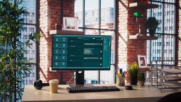 AI LLM chatbot answering user prompts using predictive technology in home office. Computer setup in apartment workspace using large language model program with artificial intelligence photo